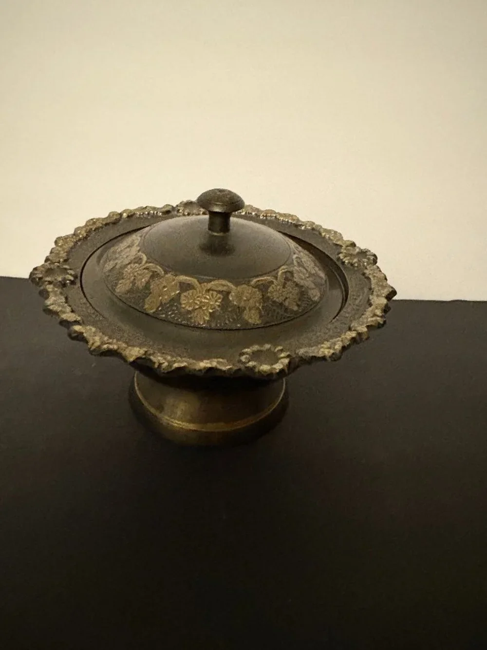 Vintage Black and Gold Enameled Embossed Brass Covered Tooted Dish